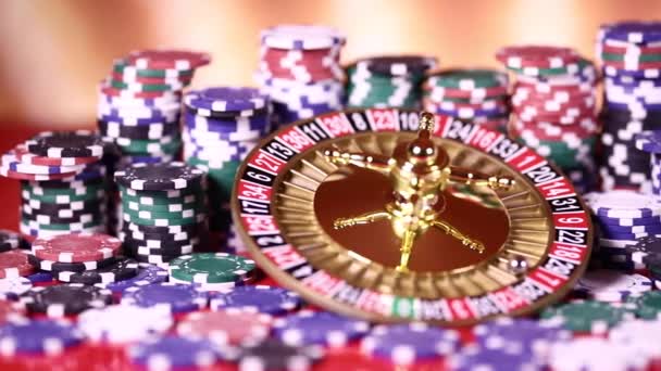 Roulette Wheel Running Casino Poker Chips — Stock Video