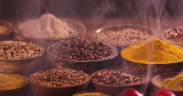 Variety Aromatic Spices Herbs Kitchen Table — Stock Video