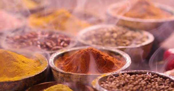 Variety Aromatic Spices Herbs Kitchen Table — Stock Video