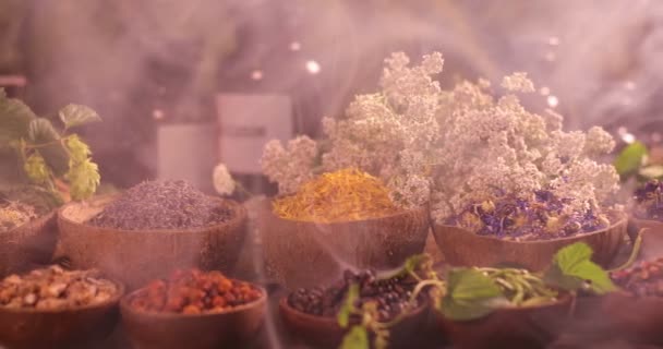 Variété Épices Aromatiques Herbes Sur Table Cuisine — Video