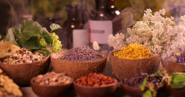 Vielfalt Aromatischer Gewürze Und Kräuter Auf Dem Küchentisch — Stockvideo