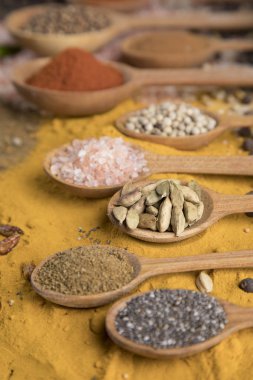 Mutfak masasında çeşitli baharatlar ve otlar var.