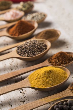 Mutfak masasında çeşitli baharat ve bitkiler var.