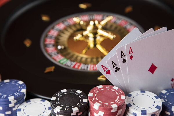 Roulette wheel running in a casino, Poker Chips