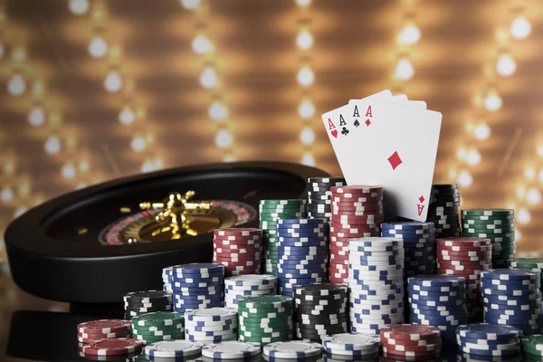 Poker Chips Sur Table Jeu Roulette Mouvement Fond Casino — Photo