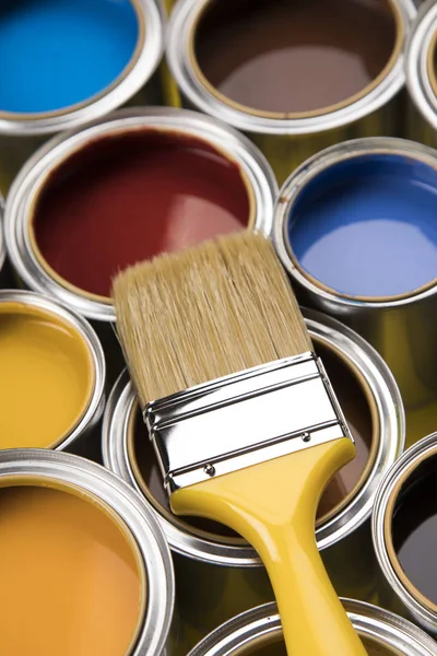Can Paint Paintbrush Yellow Background — Stock Photo, Image