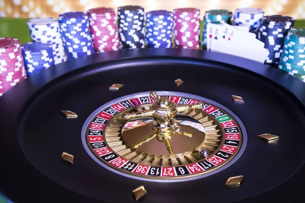 Fichas Póker Mesa Juego Ruleta Movimiento Fondo Del Casino —  Fotos de Stock