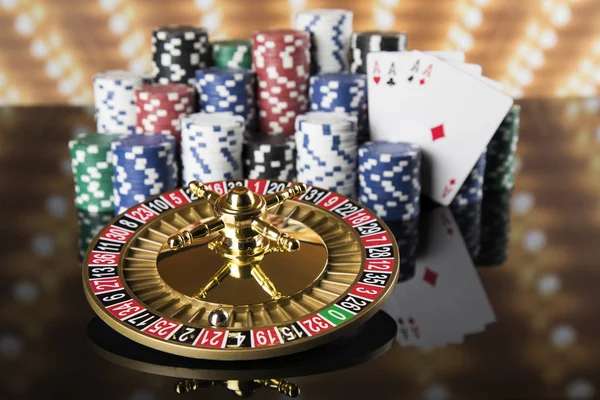 Poker Chips Gaming Table Roulette Wheel Motion Casino Background — Stock Photo, Image