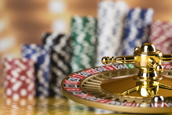 Poker Chips Gaming Table Roulette Wheel Motion Casino Background — Stock Photo, Image