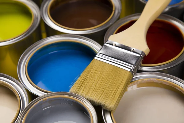 Metal Tin Cans Color Paint Paintbrush — Stock Photo, Image