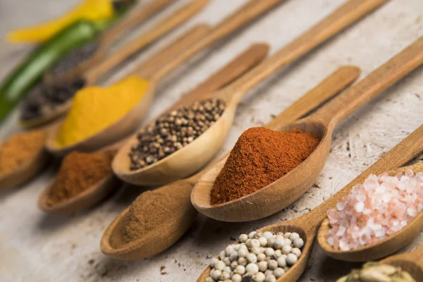 Variety Aromatic Spices Herbs Kitchen Table — Stock Photo, Image
