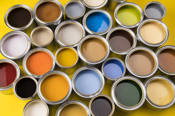 Palette Couleurs Des Pots Peinture Fond Jaune — Photo