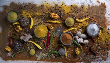 Mutfak masasında çeşitli baharat ve bitkiler var.