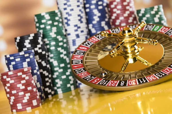 Poker Chips Gaming Table Roulette Wheel Motion Casino Background — Stock Photo, Image