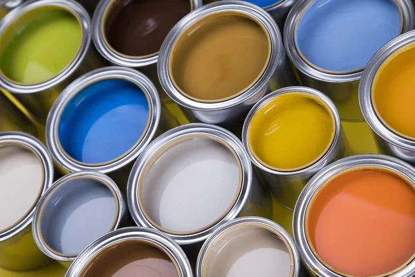 Paint Cans Color Palette Yellow Background — Stock Photo, Image