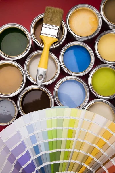 Collection Colored Paints Cans Brush Red Background — Stock Photo, Image