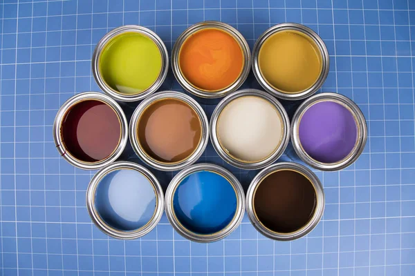 Antecedentes Várias Latas Coloridas Tinta — Fotografia de Stock