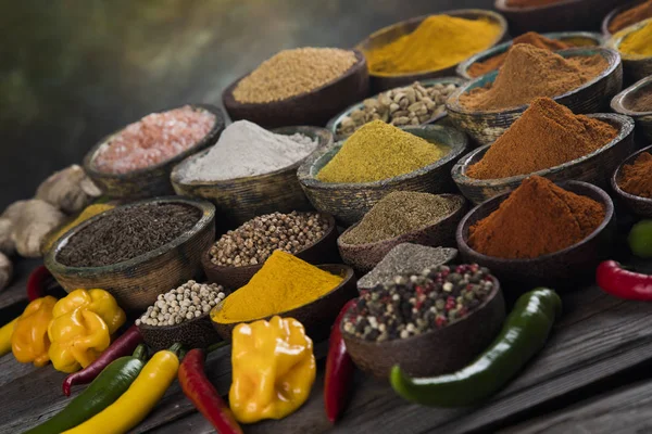 Variety Spices Herbs Kitchen Table — Stock Photo, Image