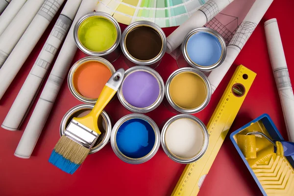 Paintbrush Cans Red Background — Stock Photo, Image