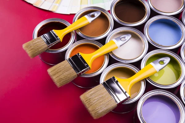 Open Buckets Paint Brush Red Background — Stock Photo, Image