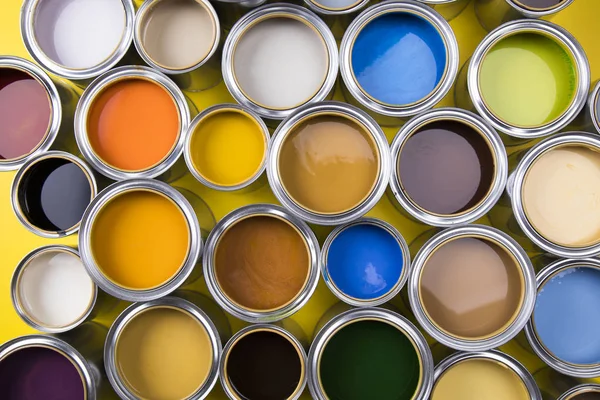 Paint Cans Color Palette Yellow Background — Stock Photo, Image