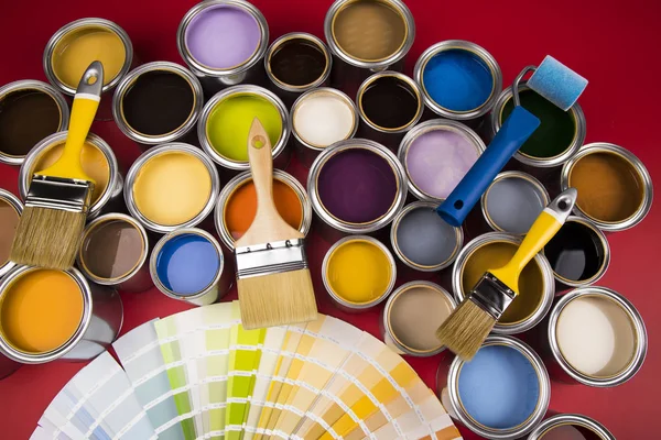 Open Buckets Paint Brush Red Background — Stock Photo, Image