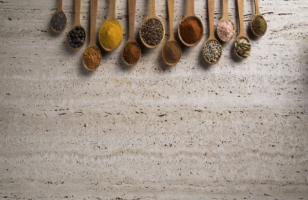 Variety Spices Herbs Kitchen Table — Stock Photo, Image