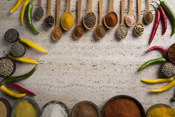 Variety Spices Herbs Kitchen Table — Stock Photo, Image