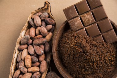 Aromatik kakao ve çikolata doğal kağıttan arka planda