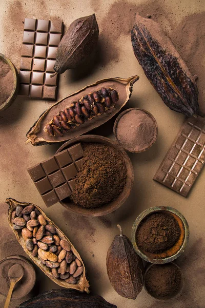Colección Chocolate Vaina Cacao Dulce Caramelo Postre Sobre Fondo Papel — Foto de Stock