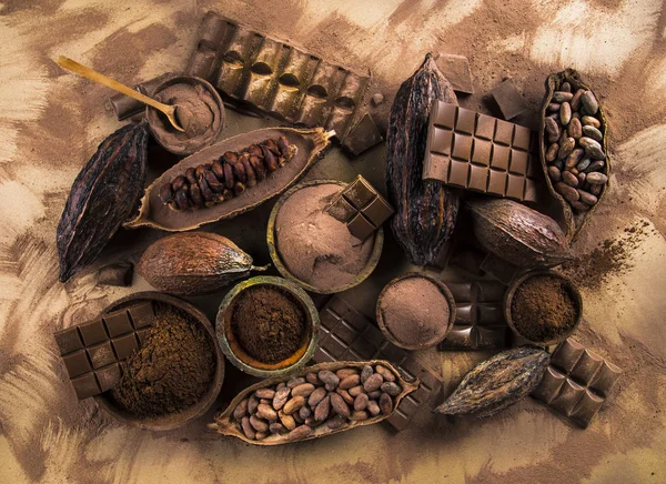 Chocolate Collection Cocoa Pod Candy Sweet Dessert Natural Paper Background — Stock Photo, Image