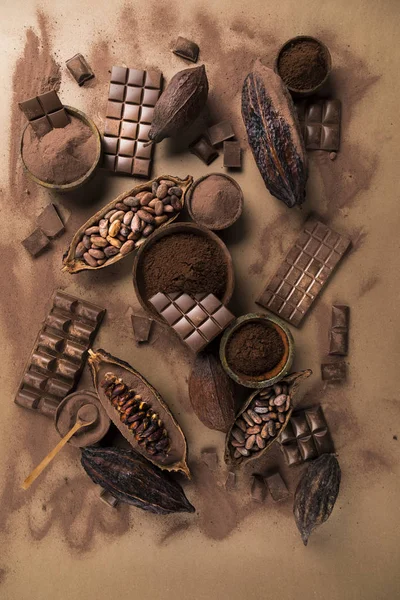 Coleção Chocolate Cápsula Cacau Doce Doce Sobremesa Sobre Fundo Papel — Fotografia de Stock