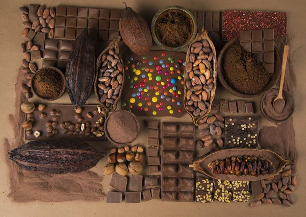 Coleção Chocolate Cacau Pod Doce Doce Sobremesa Fundo Papel Natural — Fotografia de Stock
