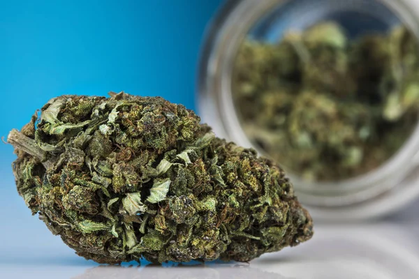 Cbd Koncept Lékařská Marihuana Konopí Modré Pozadí — Stock fotografie