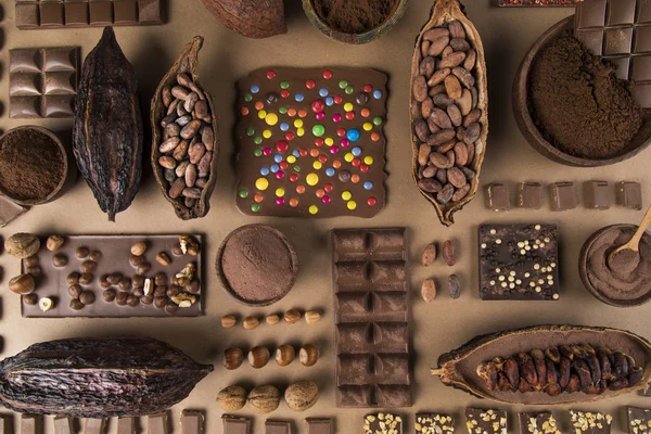 Collectie Chocolade Cacao Pod Snoep Zoet Dessert Natuurlijke Papieren Achtergrond — Stockfoto