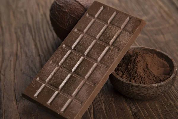 Kakaoschote Und Schokoriegel Und Desserthintergrund — Stockfoto