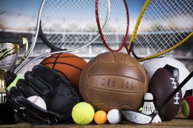 Sports balls with equipment, Winner background clipart