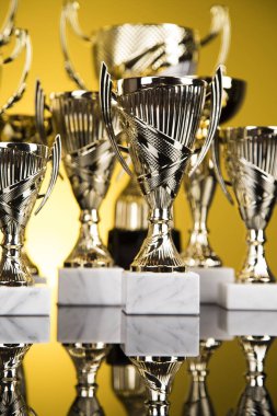 Ödül kazanan ve şampiyonluk konsepti, spor arka planında kupa.