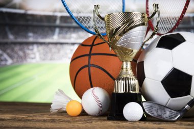 Award winning and championship concept, trophy cup on sport background clipart