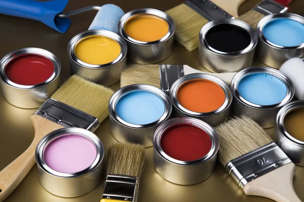 Metal Tin Cans Color Paint Paintbrush — Stock Photo, Image