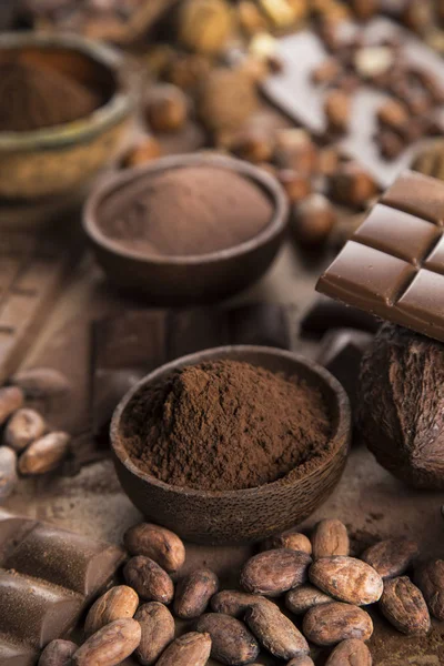 Vaina Cacao Barra Chocolate Fondo Postre Alimentos — Foto de Stock