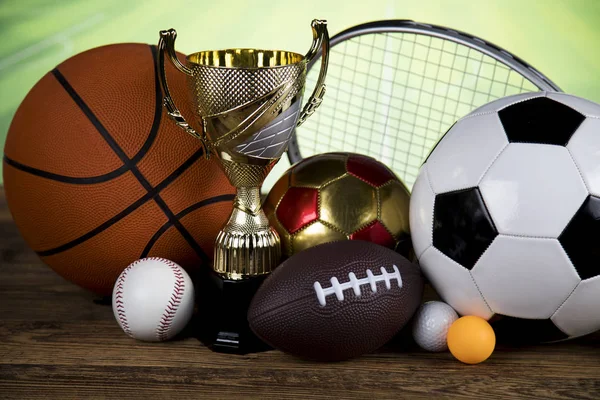 Sportballen Met Uitrusting Winnaar Achtergrond — Stockfoto