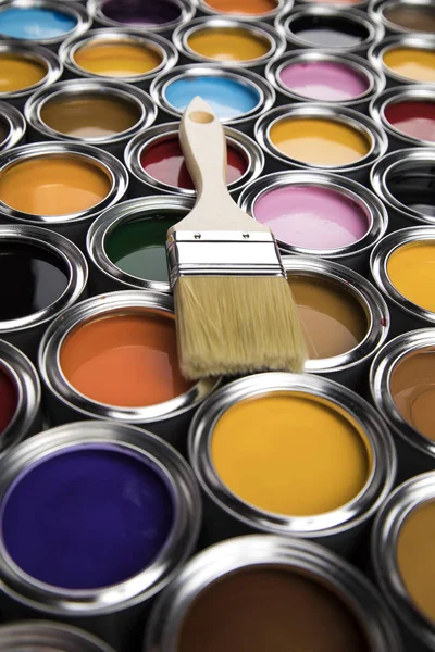 Boîtes Conserve Métal Avec Peinture Couleur Pinceau — Photo