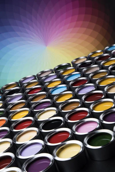 Tinta Latas Paleta Cores Cores Arco Íris — Fotografia de Stock