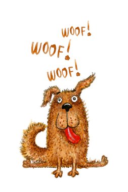 Kırmızı dil ile komik tüylü köpek Woof diyor! 