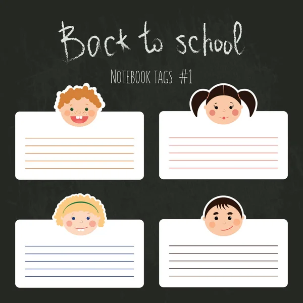 Ensemble vectoriel de balises scolaires drôles pour carnets aux visages souriants d'enfants . — Image vectorielle