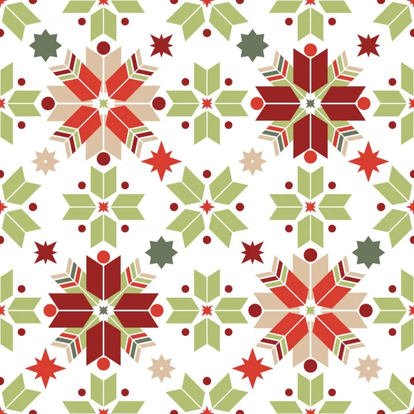 Vector Seamless Pattern Geometric Snowflakes Nordic Pattern Christmas Traditional Colors — Stock Vector