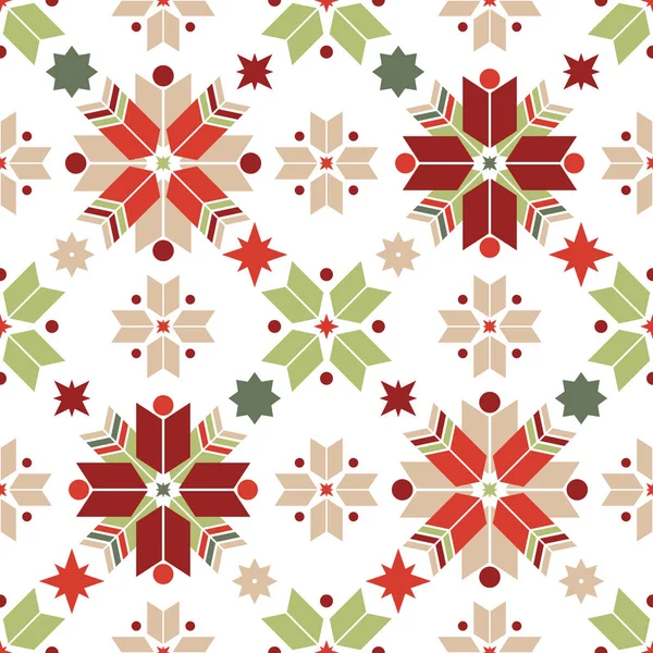 Vektor Nahtloses Muster Geometrischer Schneeflocken Nordisches Muster Traditionellen Weihnachtsfarben — Stockvektor