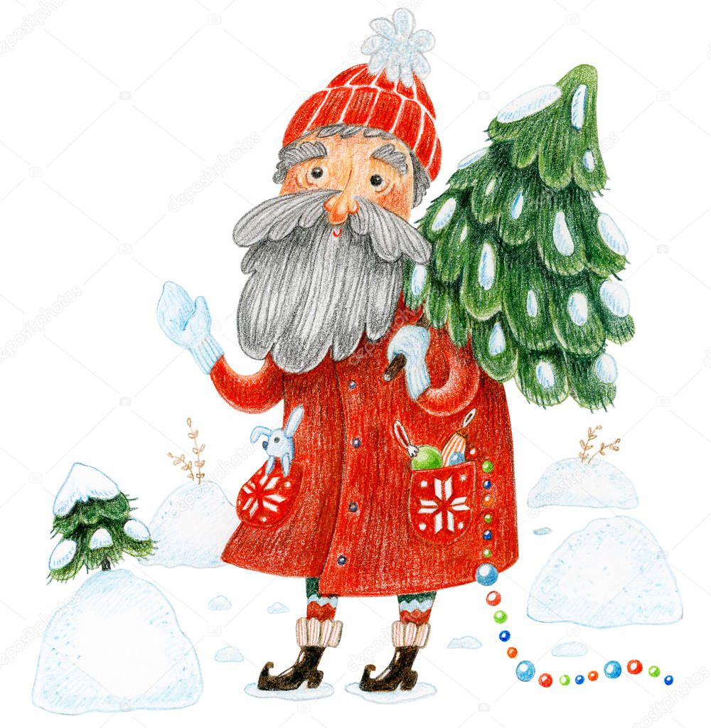 Santa Claus with fir tree in snowy forest. Hand drawn watercolor illustration. Christmas and New Year character isolated on white background.