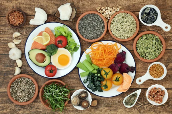 Agy Fellendítése Egészséges Szuper Élelmiszer Koncepció Hal Tejtermékek Zöldségek Magvak — Stock Fotó